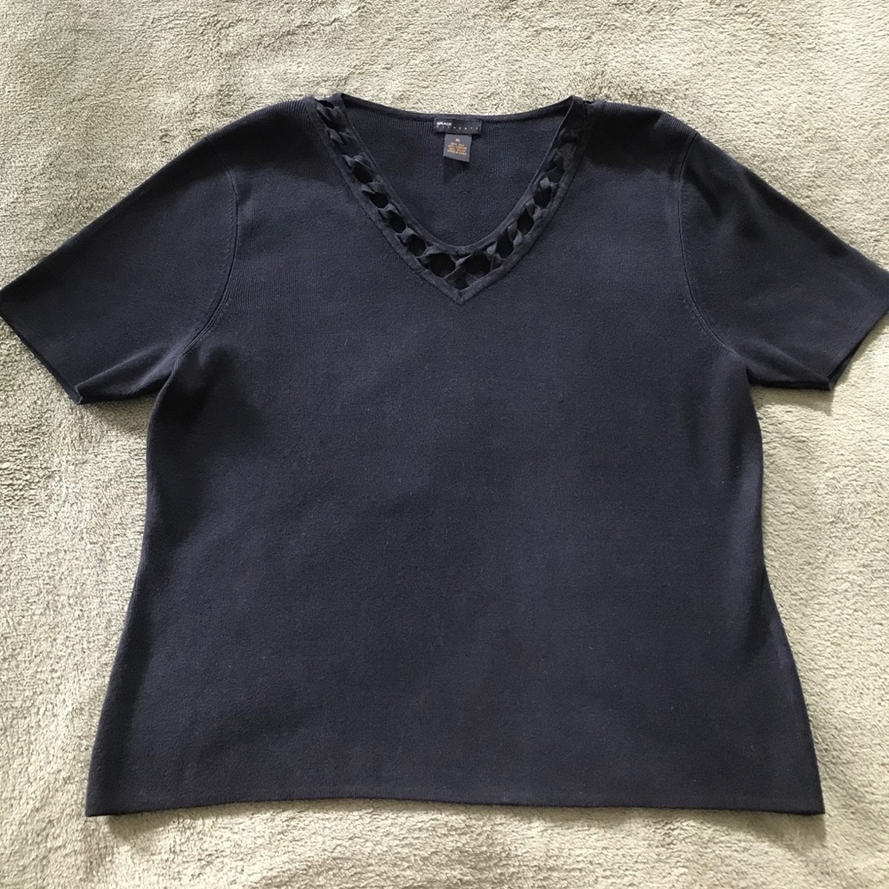 Black Knit Short Sleeve V-Neck Pullover Sweater XL